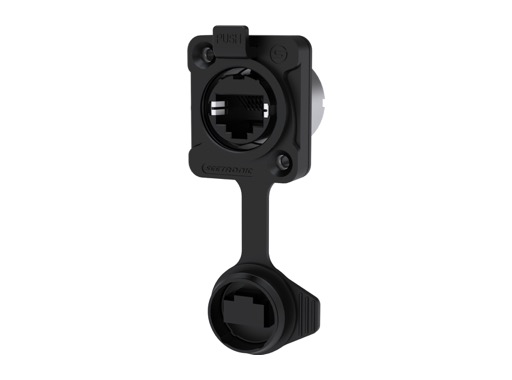 SEETRONIC Serie 02 &bull; Embase metal noir RJ45 CAT5E Travers&eacute;e de panneau - connecteur 2x4broches IP65 & airproof