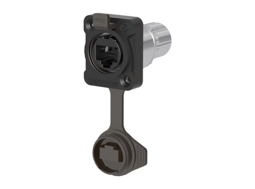 SEETRONIC Serie 02 &bull; Embase metal noir RJ45 CAT6A PoE++ Travers&eacute;e de panneau - RJ45 IP65 & airproof