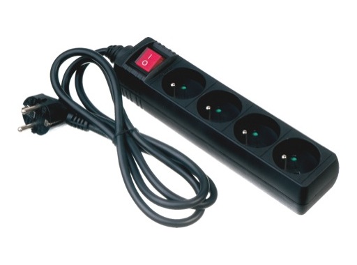Quadruplette noire • 10/16A 250V avec interrupteur CE, câble 1,50m